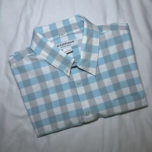 Mizzen + Main Shirt Mens XL Light Blue Gray Gingham Short Sleeve Performance
